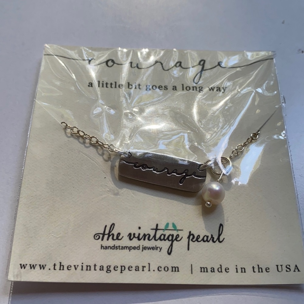 Courage stamped adjustable silver look necklace with‎ pearl new in package gift